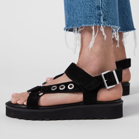 NIB AllSaints Rhianne Suede Platform Strappy Buckle Sandal, Black, EU 37 - Picture 2 of 5